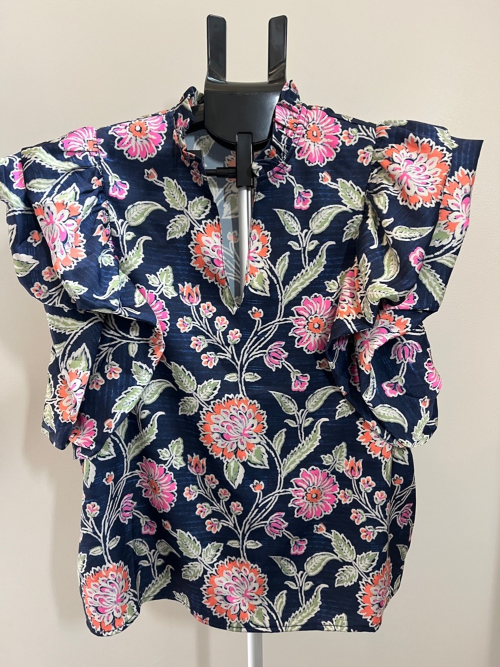 THML Navy Floral Ruffle-Sleeve Blouse with Pink & Orange Flowers - Size Small